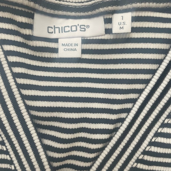 Chico's Navy and White Striped V-Neck Henley Top - Picture 2 of 7